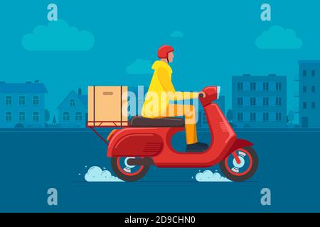 Service de livraison express en ville sur le concept de scooter. Un homme logistique rapide en ligne sur un cyclomoteur avec des commandes boîte à colis sur la rue CityScape. Illustration de marchandises ou d'aliments vecteurs à plat Illustration de Vecteur