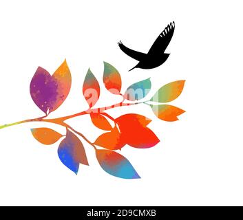 Une branche multicolore avec des oiseaux volants. Supports mixtes. Illustration vectorielle Illustration de Vecteur
