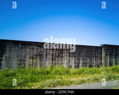 Mur de blocs de maçonnerie en béton avec herbe verte à l'avant Banque D'Images