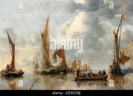 La flotte d'origine saluant la Barge d'État - Jan van de Cappelle, 1650 Banque D'Images