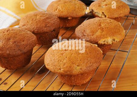 Muffins aux noix de banane fraîchement cuits refroidissant sur une grille métallique Banque D'Images