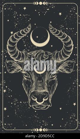 Bonne année 2021 de l'Ox, Ox-Taurus. Dessin linéaire sur fond noir, tarot, tatouage, horoscope chinois, astrologie et signes du zodiaque. Illustration vectorielle pour affiche, couverture, calendrier, logo Illustration de Vecteur