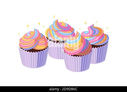 Petits gâteaux avec glaçage arc-en-ciel tournoyé. Muffins savoureux et brillants à la crème colorée. Illustration vectorielle dans un joli style de dessin animé Illustration de Vecteur