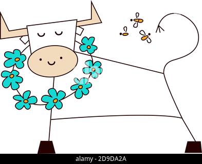 Bonne année 2021. L'année de l'Ox. Mignon petit taureau kawaii. Vache souriante avec couronne fleurie autour du cou. Illustration vectorielle de style dessin animé Illustration de Vecteur