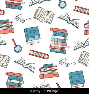 Motif sans couture avec livres papier. Bibliothèque, piles de livres, verres en style doodle. Illustration vectorielle dessinée à la main Illustration de Vecteur