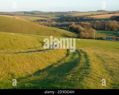 Une promenade en fin d'après-midi sur Cold Kitchen Hill, Wiltshire. Une ancienne route romaine serpente le long de la colline, accentuée par le soleil d'or bas. Banque D'Images