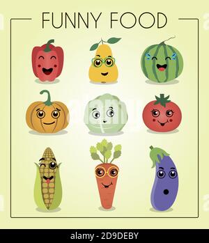 J'aime les légumes. Personnage de dessin animé amusant. Illustration vectorielle. Un ensemble de légumes plats et de fruits avec des visages de dessin animé. Personnages amusants de la cuisine. Émotions différentes rires, embarras, surprise sur le melon d'eau, la poire, le poivre, la citrouille, le chou, la tomate, le maïs, la carotte et l'aubergine. Illustration de Vecteur