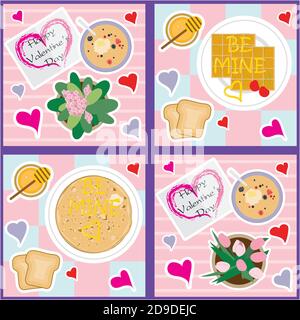 Vue de dessus de la délicieuse table de petit-déjeuner de Saint-Valentin. Cartes mignons et sucrées pour les vacances de tous les amoureux Illustration de Vecteur