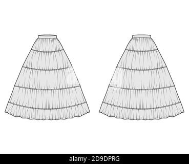 Jupons de jupe pour l'illustration technique de la mode robe avec silhouette longue au sol, plénitude circulaire. Sous-vêtement plat gabarit de dessous avant dos gris style. Femmes hommes unisexe CAD maquette Illustration de Vecteur