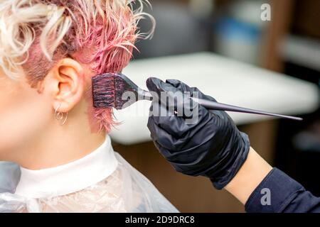 Main de coiffeur teinture cheveux de couleur rose par pinceau sur le dos de la tête de la jeune femme caucasienne dans la beauté salon Banque D'Images