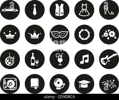 PROM Night Icons White sur Black Flat Design Circle Set Grande Illustration de Vecteur