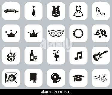 PROM Night Icons Black & White Flat Design Set Big Illustration de Vecteur