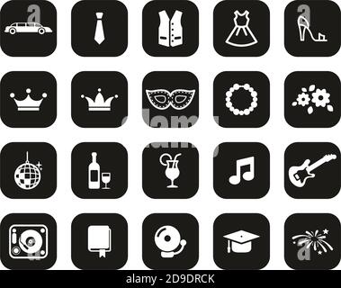 PROM Night Icons White sur Black Flat Design Set Big Illustration de Vecteur