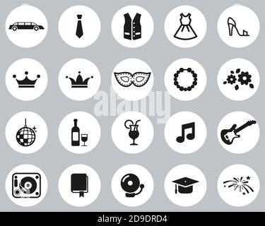 PROM Night Icons Black & White Flat Design Circle Set Grande Illustration de Vecteur