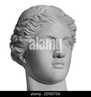 Ancienne statue tête de Vénus isolée sur fond blanc. Plâtre sculpture antique de visage de jeune femme. Copie portrait à tête de gypse Banque D'Images