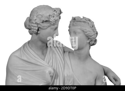 Sculpture ancienne de Bacchus et Ariadne. Statue homme et femme en marbre isolée sur fond blanc. Banque D'Images