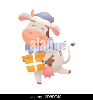 Adorable personnage de vache à dessin animé tenant une boîte cadeau jaune. Nouvelle année chinoise de la vache zodiaque. Illustration vectorielle. Illustration de Vecteur