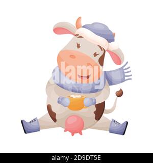 Adorable personnage de vache à dessin animé tenant une tasse avec du cacao et des guimauves. Nouvelle année chinoise de la vache zodiaque. Illustration vectorielle. Illustration de Vecteur