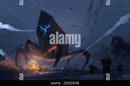 Illustration numérique style de dessin un monstre géant attaquant la ville contre les armées et l'armée de l'air. Banque D'Images