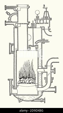 Une ancienne gravure de la machine à vapeur aérodynamique de Bennett, brevetée aux États-Unis en 1838. Il est issu d'un livre victorien d'ingénierie mécanique des années 1880. Le but d'un moteur à vapeur aérodynamique était de mélanger l'air et la vapeur, d'économiser du carburant pour produire de l'énergie. Cette machine à vapeur améliorée de Watt (ou machine à vapeur Boulton et Watt) des années 1700. Le design de Watt est devenu synonyme de vapeur. Il a été de nombreuses années avant que les modifications n'améliorent son design. Le moteur de Bennett était équipé d’un four sous pression, étanche à l’air, entouré d’eau. L'air pénètre dans la chaudière depuis la droite, au-dessus et en dessous du four. Banque D'Images