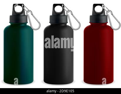 Bouteille d'eau. Thermo-flacon en acier inoxydable. Pack bicycle Sport 3d. Maquette en aluminium réaliste et réutilisable pour le camping. Emballage bleu avec sil Illustration de Vecteur