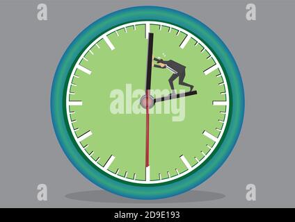 Le responsable d'entreprise travaille dur pour repousser la main de minute sur un grand cadran d'horloge. Illustration de dessin animé vectoriel créative sur concept temporel isolée sur gris Illustration de Vecteur