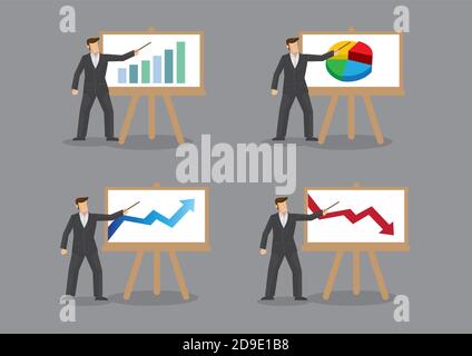 Ensemble de quatre illustrations vectorielles représentant un homme d'affaires devant un tableau blanc et pointant vers un graphique et des graphiques isolés sur fond gris. Illustration de Vecteur