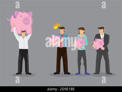 Trois personnes tenant de petites banques de porc rose, sentant la colère et la frustration, par rapport à une personne tenant une énorme banque de porc. Dessin animé créatif vect Illustration de Vecteur