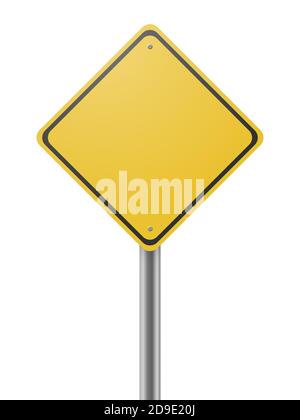 Panneau de route jaune vierge isolé sur fond blanc. Illustration 3D Banque D'Images