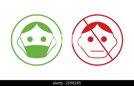 Émoticône vert avec masque et émoticône rouge sans visage masque de protection contre les virus corona Illustration de Vecteur