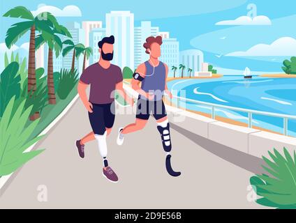 Les gens font du jogging sur l'illustration vectorielle de couleur plate en bord de mer Illustration de Vecteur