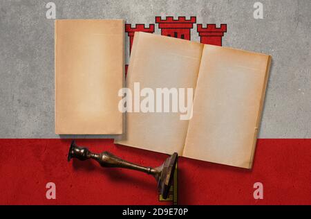 Gibraltar concept historique vintage. Papiers rétro et vieux chandelier en bois sur fond de mur drapeau national. Banque D'Images