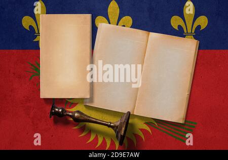 Guadeloupe concept historique vintage. Papiers rétro et vieux chandelier en bois sur fond de mur drapeau national. Banque D'Images