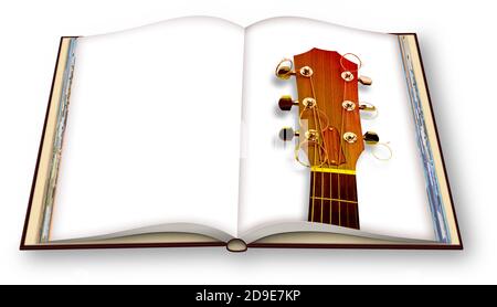 Rendu 3D d'une guitare acoustique en bois sur un livre photo ouvert isolé sur fond blanc - Je suis le propriétaire des images utilisées dans ce rendu 3D Banque D'Images