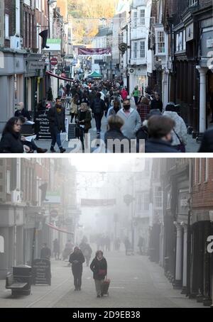 Photo non publiée précédemment (en haut) datée du 4/11/2020 du centre-ville de Winchester à 1544, comparée à la photo prise jeudi à 0950, le premier jour du deuxième confinement national en Angleterre. Banque D'Images