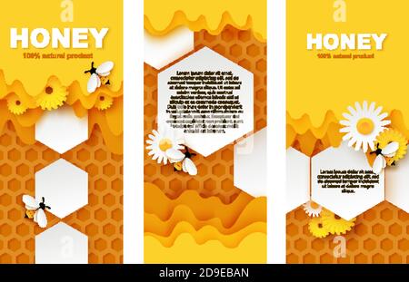Ensemble de modèles vectoriels de bannière miel. Feuilles de papier alvéoles coupées avec le miel doux coulant, les abeilles cute collectant le nectar. Illustration de Vecteur