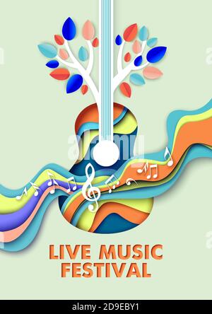Affiche vectorielle de festival de musique live, modèle de bannière. Guitare acoustique, notes de musique, branches d'arbre, coupe de papier. Illustration de Vecteur