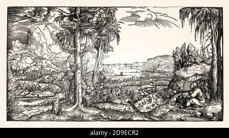 Paysage avec l'évangéliste Jean et Marie avec l'enfant Christ, coupe de bois allemande, anonyme , XVIe siècle Banque D'Images