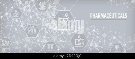 Ensemble d'icônes produits pharmaceutiques et médicaments avec bannière d'en-tête Web Illustration de Vecteur