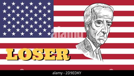 5 novembre 2020, Bangkok, Thaïlande : caricature représentant le démocrate Joe Biden, perdant de l'élection du président américain 2020, sur le drapeau américain. Illustration de Vecteur