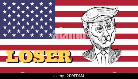 Novembre 5. 2020, Bangkok, Thaïlande : caricature représentant le républicain Donald Trump, perdant de l'élection présidentielle américaine de 2020, sur le drapeau américain. Illustration de Vecteur