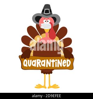 Quarantaine 2020 - affiche du jour de Thanksgiving avec masque de dinde mignon. Affiche couleur d'automne. Expression de lettrage de conscience. Coronavirus (2019-nCoV) con Illustration de Vecteur