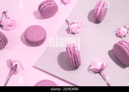 Dessert français, motif macarons avec fleurs roses. Banque D'Images