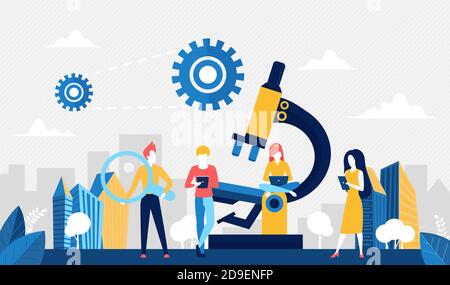 Illustration vectorielle du concept de technologie de développement scientifique. Caricature scientifique biologiste personnages travaillant avec l'équipement de microscope de laboratoire, les dispositifs numériques, la biologie de laboratoire formation technique de recherche Illustration de Vecteur