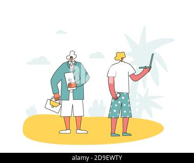 Concept loisirs. Équilibre entre vie professionnelle et vie privée. Nomades numériques. Vector Flat personnes vêtues de shorts et t-shirts avec ordinateurs portables en vacances. Illustration de Vecteur