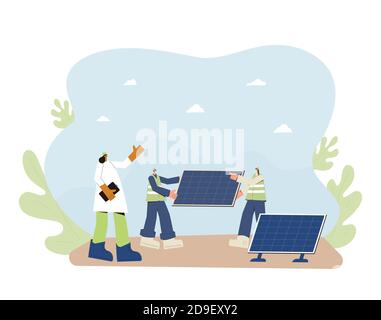 Installation des panneaux solaires. Techniciens de maintenance sur le terrain travailleurs et responsables des modules de construction. Électricité renouvelable de remplacement. Développement durable. GR Illustration de Vecteur