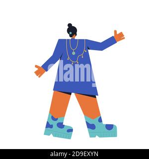 Femme adulte. Jeune femme personnage portant dans des vêtements décontractés debout isolé sur un fond blanc. Personne avec des cheveux foncés dans la robe bleue pointant wi Illustration de Vecteur