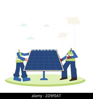 Installation du système d'énergie solaire. Fournir des mises à niveau des modules solaires. Technicien d'entretien sur site. Travailleurs et panels. Électricité renouvelable de remplacement. Susta Illustration de Vecteur