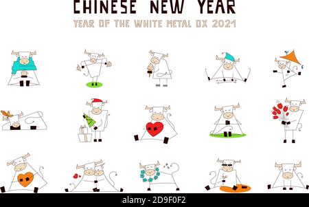 Métal blanc ox. Symbole du nouvel an chinois 2021. Taureau souriant, vache. Ensemble d'illustrations vectorielles de style dessin animé isolées sur blanc. Clip art pour votre Illustration de Vecteur
