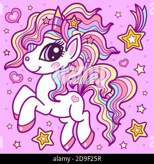 Mignon dessin animé unicorn marchant parmi les étoiles. Illustration pour enfants. Vecteur Illustration de Vecteur